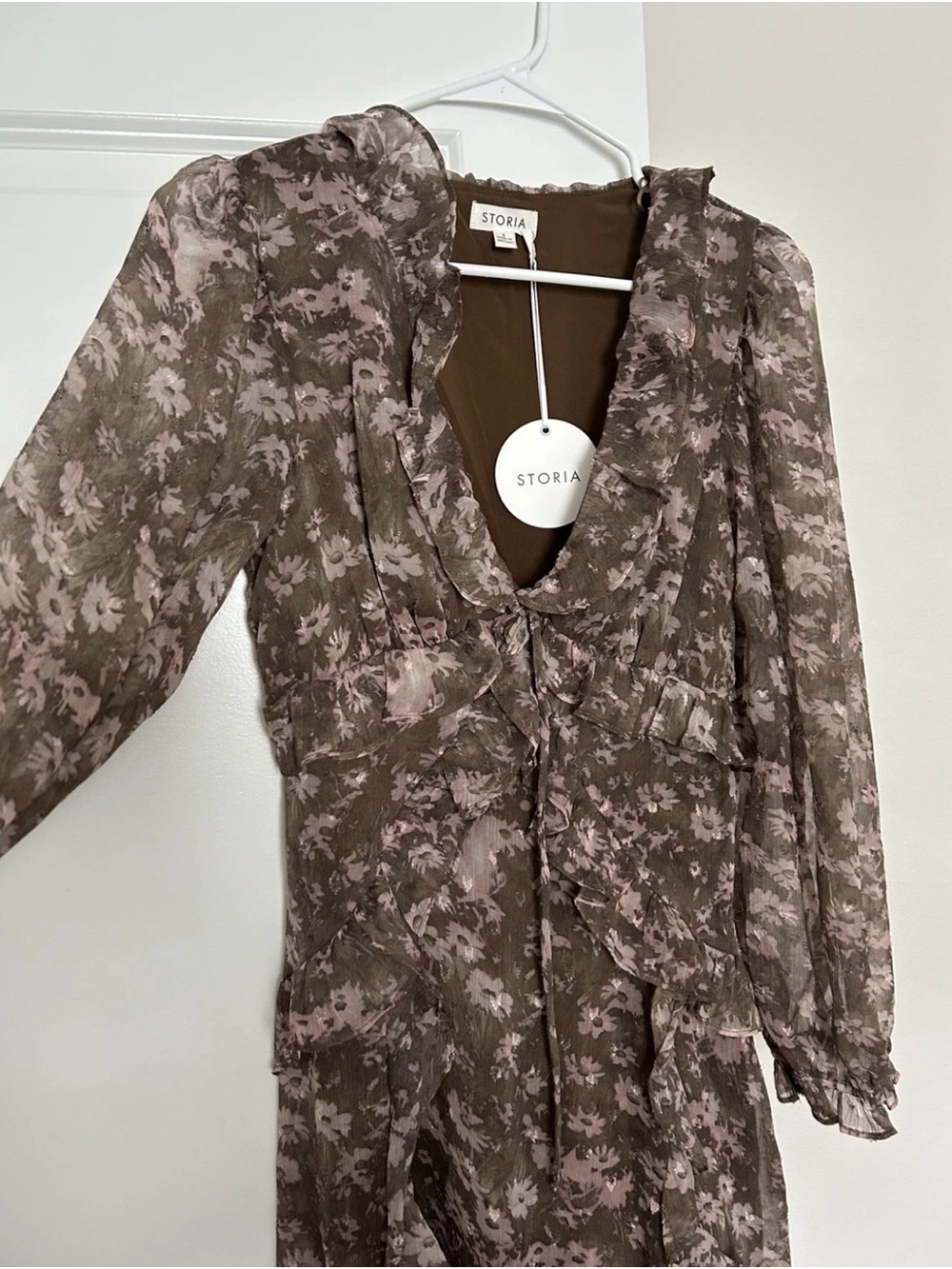 Storia Taupe and Blush Floral Ruffle Tie-Front Long Sleeve Dress